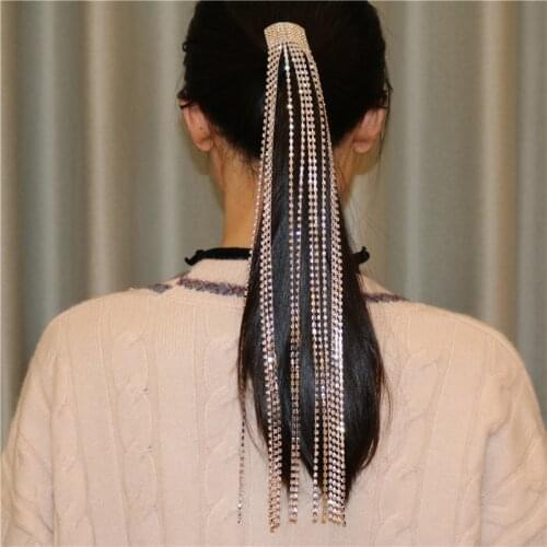 Trendy Luxury Rhinestone Hair Accessories Chain for Women Jewelry Elegant Full Crystal Tassel Hairbands Long Chain Headwear