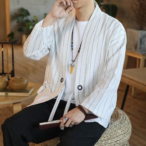 Autumn New Mens Chinese Style Cotton Linen Coat Loose Kimono Cardigan Men stripe Linen Outerwear Jacket Coats M-5XL