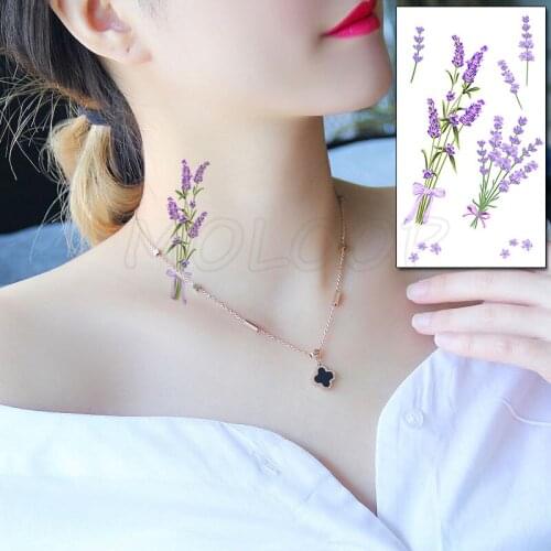 Lavender Plant Bowknot Temporary Tattoo Sticker Fake Tattoos for Kids Women Men Body Makeup Waterproof Stickers