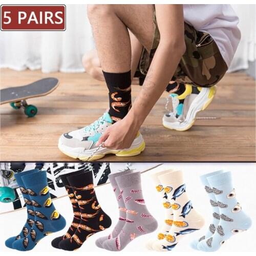 5 Pairs Men/Women Cotton Happy Funny Socks With Print Cartoon Oyster Octopus Seafood Cute Sock Autumn Winter Harajuku Crew Socks