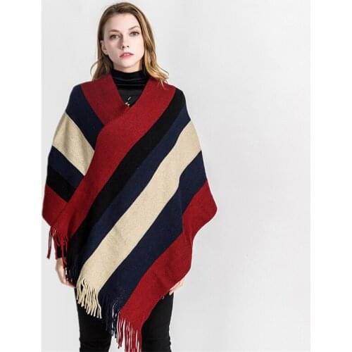 Mingjiebihuo new fashion wild spring and autumn warm knit large size loose shawl women girls stitching tassel poncho scarf