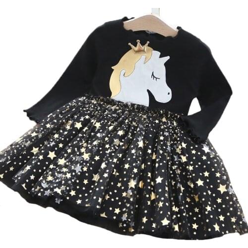 Unicorn Girls Dress Spring Star Embellishment Lace Mesh Long Sleeve Princess Dresses For Girl Toddler Children Birthday Present