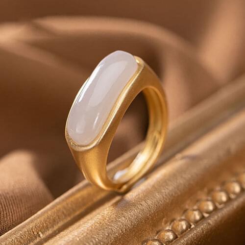 Natural White Jade Chalcedony Ring Saddle Pillow Forefinger Ring Female Fashion High Sense Open Ring Circle Adjustable Ornament