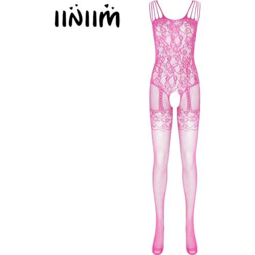 Sexy Womens See-through Hollow Out Fishnet Bodystocking Floral Pattern Crotchless Bodysuit Tights Nightwear Sleeveless Leotard