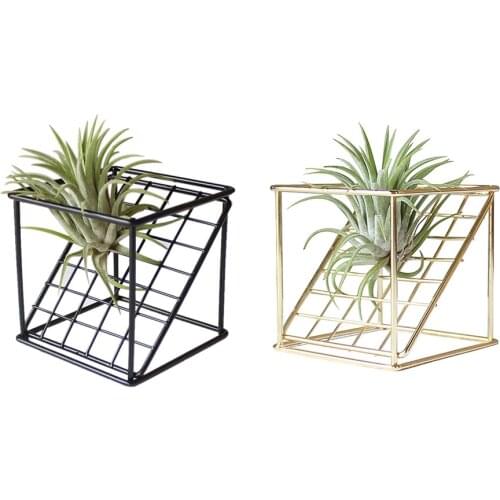 Grid Air Plant Flower Stand Rustic Style Delicate Iron Hanging Rack Holder Metal Double-layer Geometrical Shaped Square Garden