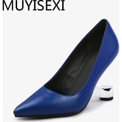 Shallow Pumps Pointed Toe Women Snakeskin Leather Dress Party Shoes Blue 8cm Strange Metal High Heels Creepers HL186 MUYISEXI