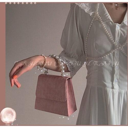 2021 Girl Pink Bag Niche Retro Style Pearl Handle Hand Bag Crossbody Small Square Bag Date