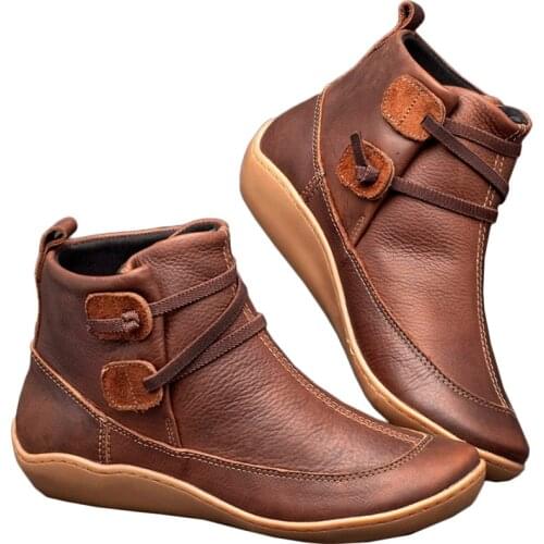 Women Retro Punk Boots Autumn Winter PU Leather Ankle Boots Flat Snow Boots Ladies Short Plush Strap Vintage