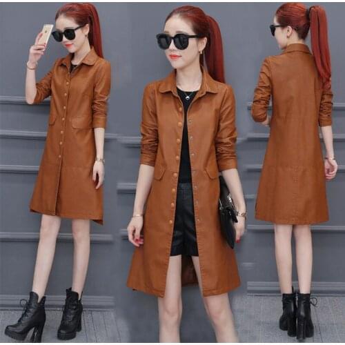 Womens Coats Slim PU Faux Leather Outerwear Windbreaker Womens Plus Size Single Breasted Spring Leather Jackets Female Long