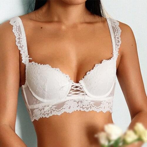 Women Floral Embroidered Bangdage Lace Transparent Bra Sexy Push Up Gathered Bra Vintage Soft Adjusted Bras