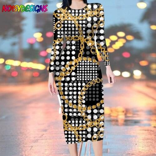 NOISYDESIGNS Elegan Plus Size Golden Vintage Luxury European Pattern Dress Spring Women Long Sleeve Dresses Club Party Vestidos