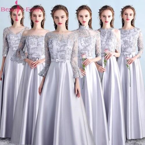 Beauty Emily Long Grey Lace Bridesmaid Dresses 2018 A-Line Sleeveless Lace Up Off the Shoulder Wedding Party Girl Prom Dresses