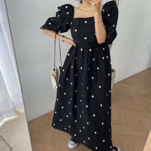 New Chic Women Summer Dress Embroidered Cotton Bubble Sleeve Square Neck Dot Dress for Women French Elegant Dresses Vestido 140