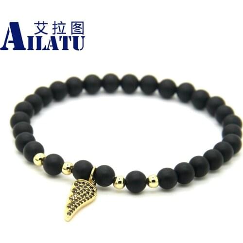 Ailatu 2016 New Design Jewelry Wholesale 6mm Natural Matte Onyx Stone Beads Micro Pave Black Cz Wings Lucky Bracelets