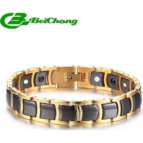 Beichong Black/gold Ceramic Bracelet Magnetic Stone Therapy Health Stainless Steel Bracelets Mens Jewelry 21*12 mm pulseras