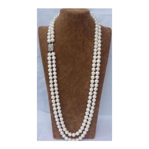 Free shipping fashion 2 row AAA 9-10 MM SOUTH SEA NATURAL White PEARL NECKLACE 25"