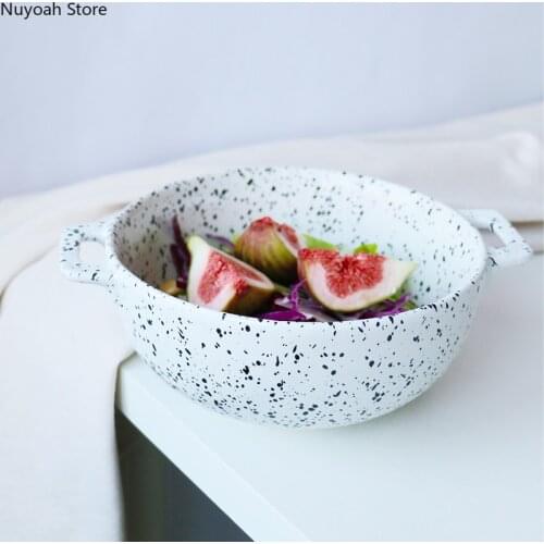 Korean Style Splash Ink Binaural Bowl Ceramic Household Cute Dessert Bowl Creative Fruit Salad Baking Bowl Tableware Supplies