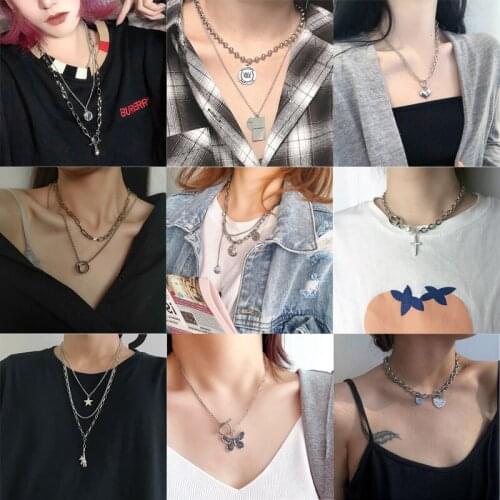 Fashion Multi Layer Cross Butterfly Pendants Necklaces For Women Heart Charms Jewelry Female Choker Clavicle Chains Gift