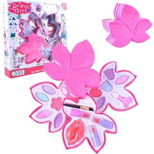 Kids Girls Makeup Tool Kit Cosmetics Play Toy Maple Leaf Shape Children Pretend Play Toys Box
