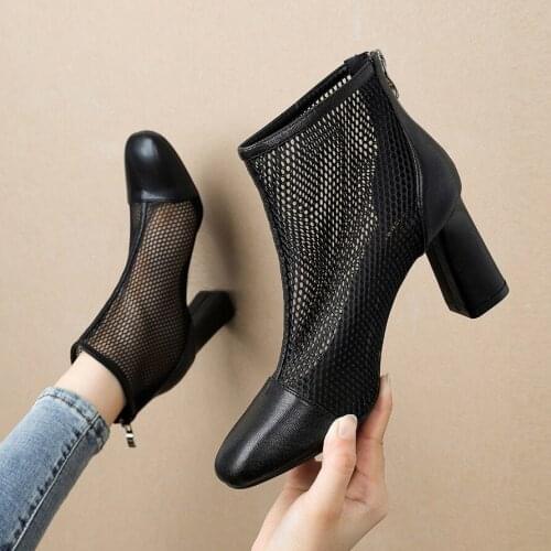 European and American Sexy Square Head High Heel Slimming Net Red Chunky Heel Mesh Boots All-match Back Zipper Martin Boots