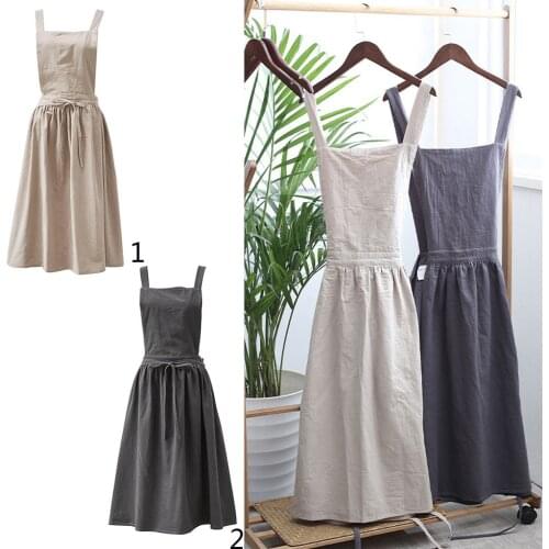 Women Bib Aprons Cotton Linen Sleeveless Pinafore Dress Home Cooking Plain Solid Color Halter Cross Aprons Japanese Style