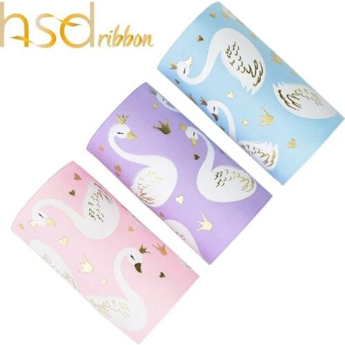 HSDRibbon Free Shipping Designer custom 75MM 3inch Swan ink with gold foil on Solid Grosgrain Ribbon