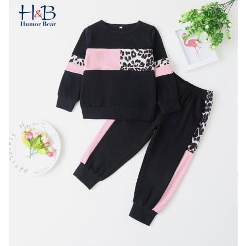 Humor Bear Girl Clothes Set spring Autumn Long Sleeve Leopard Patchwork Printed Top+ Pant 2Pcs Casual Toddler Clothes