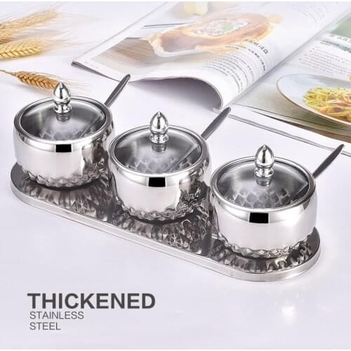 Creative Stainless Steel Seasoning Jar European Style Condiment Box with Spoon Glass Lid Seasoning Bottle Combination Set