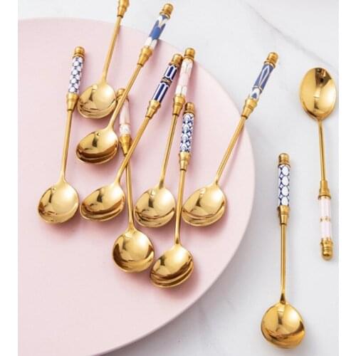 Kitchen Dessert Spoon Stainless Steel Coffee Milk Spoon With Ceramic Long Handle Spoon Gold-plated Dessert Spoon