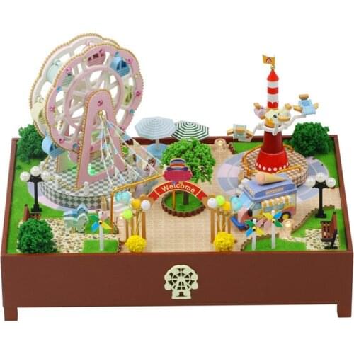 DIY Music Doll House Miniature Furniture LED Light Kit Mini Amusement Park with Rotating Ferris Wheel for Childrens Birthday