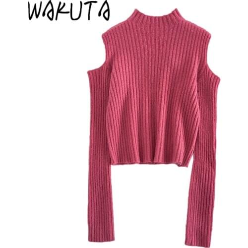 WAKUTA Cold Shoulder Knit Pullover Women Elegant Half Highneck Long Sleeve Warm Jumper Tops Slim Fall Winter Solid Base Sweater