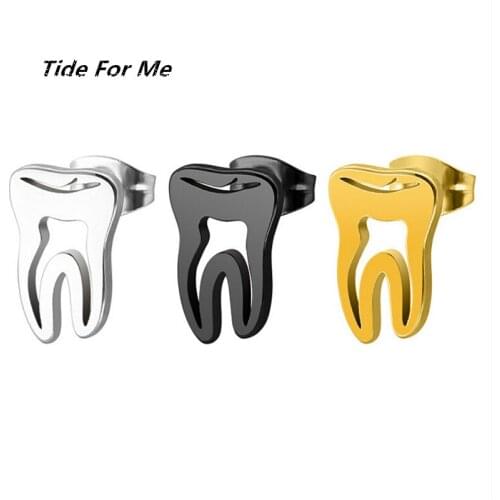 New Creative Punk Gold Black Color Stainless Steel Tooth Stud Earring for Women & Men Helix Ear Piercings Fashion Jewelry