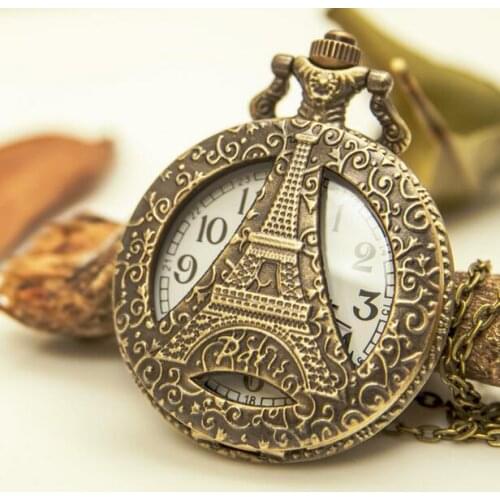 Vintage Fashion quartz Hollow out Eiffel Tower large Bronze antiques Modern clock Necklace pocket watches gift PL8756