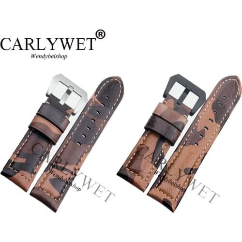 CARLYWET 22 24 26mm VINTAGE Camo Brown Watch Band Real Calf Leather Thick Strap Belt Silver Black Screw Buckle