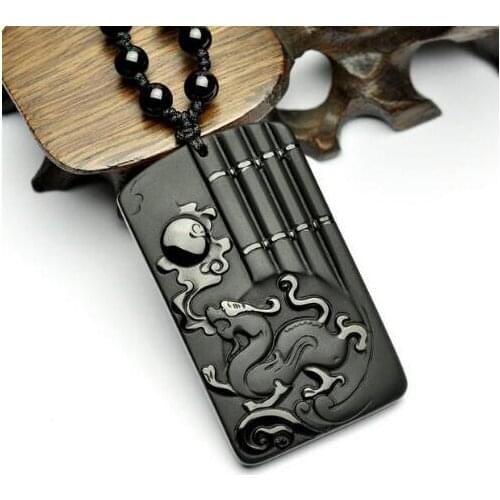 Jewelry Black Obsidian Carving Dragon Necklace Amulet pendant free necklace obsidian Blessing Lucky pendants