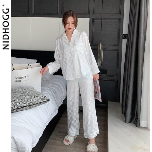 Women Long Sleeve Pajamas Turn-down Collar Plaid Satin Pijamas Autumn Loungewear Women Silk Sleepwear 2 Piece Set Sexy Nightwear