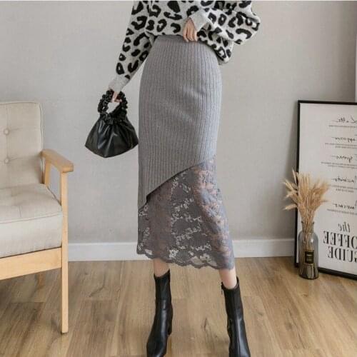 2021 New Wear on both sides Lace Stitching Mid-Length Skirt Female High-Waisted Thin All-Match Pure Color Split Knit Skirt