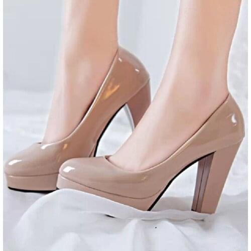 2021 new fashion sexy patent leather shallow mouth round toe waterproof platform high heels large size womens shoes 34-42
