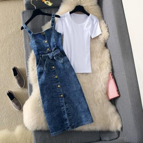 Womens Sets 2020 Spring New Denim Spaghetti Strap Dresses Suit Summer Short-sleeved T-shirt + Jeans Overalls Dresses 2PCS Y161
