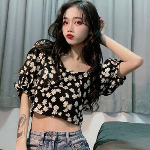 Women\s Floral Print Square Collar Short Sleeve Exposed Navel Crop Top Shirt 2020