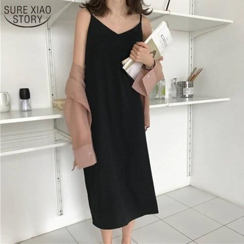 2021 Loose Sleeveless Dresses Sexy V-neck Sling Long Black Party Dress Summer Women Maxi Dress Solid Color Robe Femme 13351