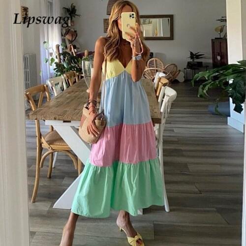 Women Elegant Colorful Print Patchwork Long Party Dress Summer Deep V Neck Sling Maxi Dresses Sleeveless Vintage Dress Vestidos