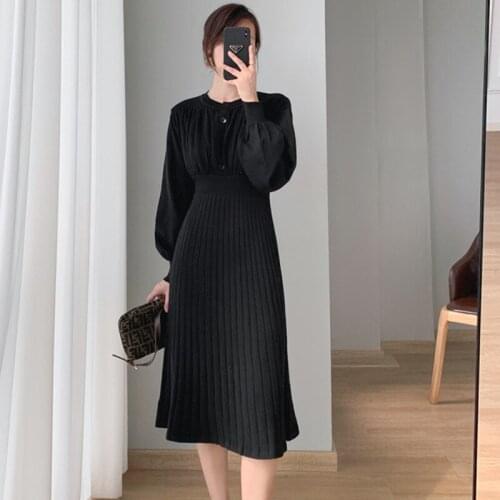 Fashion Korean Women Vintage O-Neck Lantern Sleeve Midi Party Dress Elegant Casual Button Solid Inner-Match Female Knitted Dress