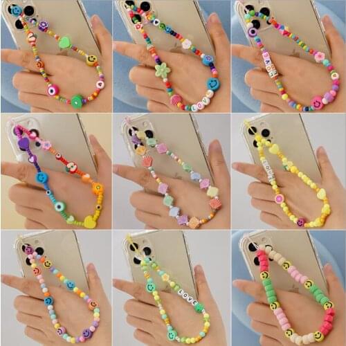 Mobile Phone Chain Lanyard Smiley Fruit Beads Beaded Chain For Cell Phone Holder LOVE Letter Mobile Chains Strap Jewelry