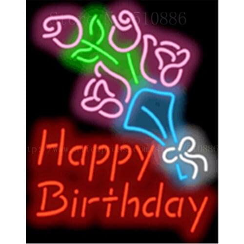 19*15" Happy Birthday with Flower NEON SIGN REAL GLASS BEER BAR PUB LIGHT SIGNS store display Restaurant Shop Advertising Lights