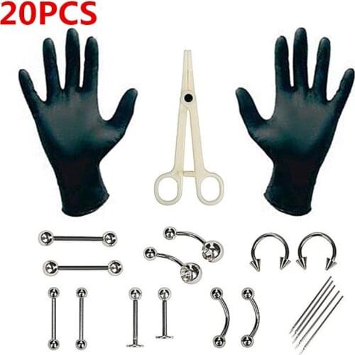 20pcs/set Ear Cartilage Piercing Kit Tool Nose Tongue Belly Dermal Piercing Needles Septum Ear Gauge Clamp Gloves Body Jewelry