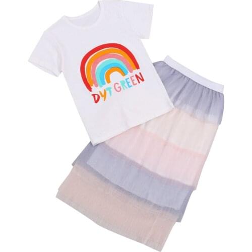 2021 3-8Y Sweet Kids Baby Girl Clothes Set Rainbow Print Short Sleeve T-shirt Top+Layered Tulle Long Skirt Summer Outfits 2pcs
