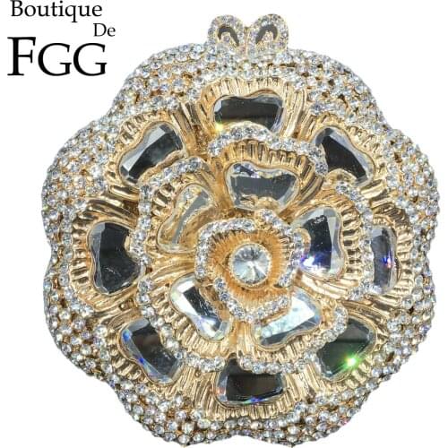 Boutique De FGG Round Circular Women Gold Evening Bags Crystal Clutch Purse Wedding Party Bridal Rhinestone Handbag