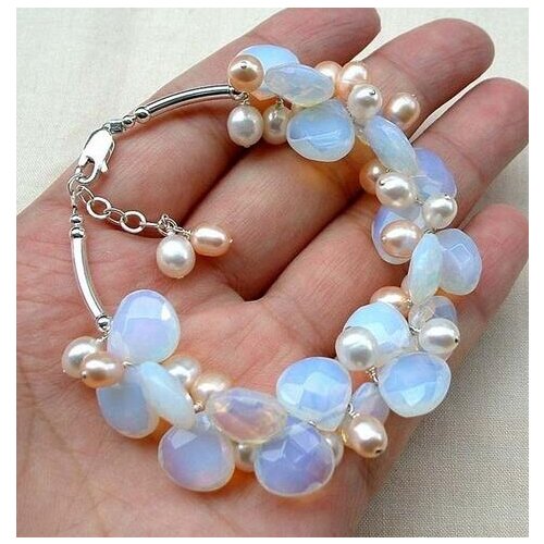 Stunning pink white pearl hand and moonstone bracelet>>> women jewerly Free shipping
