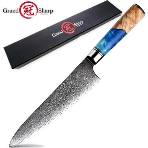 Damascus Kitchen Knives 67 Layers Chef Knife Japanese Steel Premium Class Cooking Tools Blue Handle Gift Box Protective Sheath